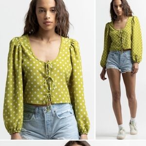 Green Puff Sleeve Tie Front Blouse
